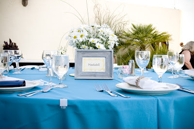 Beach Wedding Table Setting - Daisies, Rafia,Teal Blue, Barn Wood