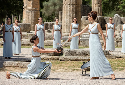 OLYMPIA- GREECE - 21th April 2016: The Olympic Torch Lighting Ceremony for the Rio 2016 Olympic Games. The ceremony which dates back to 1936 takes place in the ancient ruins of Olympia, home of the Olympic Games which historical records day back to the year 776BC .