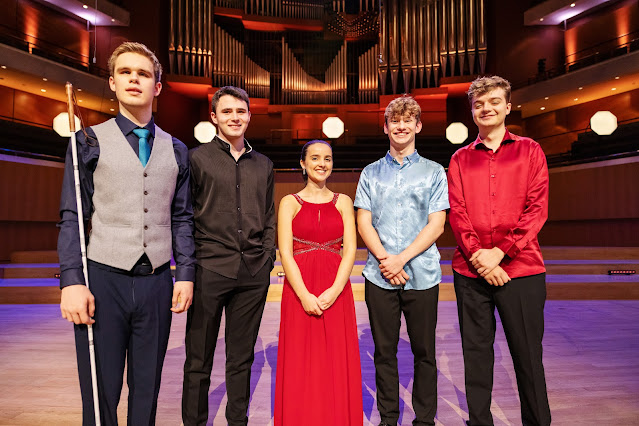 BBC Young Musicians finalists - Ethan Loch, Jaren Ziegler, Sofía Patterson-Gutiérrez, Jordan Ashman, Sasha Canter at Bridgewater Hall (Photo Dan Prince/BBC)