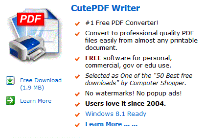 CutePDF Writer - Convert to PDF documents on the fly — Free Software 