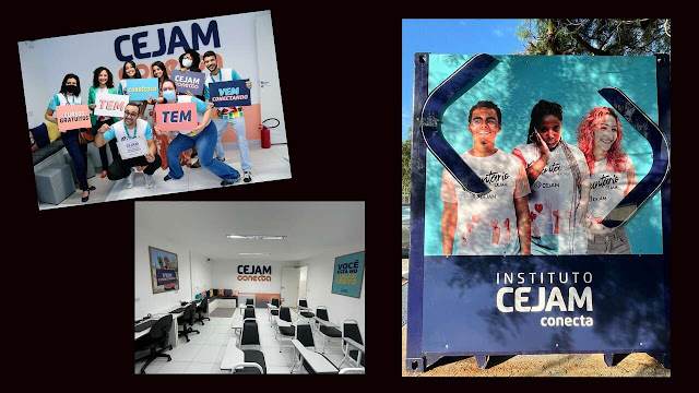 Cartaz e 2 fotos de aulas do CEJAM.