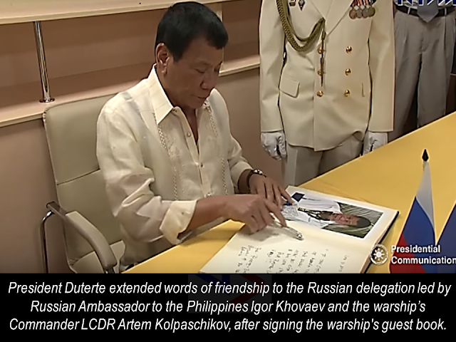 President Rodrigo Duterte  visited Russian anti- submarine warship Admiral Tributs docked at Pier 15 in Port. President Duterte extended words of friendship to the Russian delegation led by Russian Ambassador to the Philippines Igor Khovaev and the warship’s Commander LCDR Artem Kolpaschikov, after signing the warship's guest book.  This is the first public apperance of the President this year.                  The President said that it was him who requested it to President Vladimir Putin during their meeting last year.  The president once said that he does not want any foreign military forces to stay in the country , but, Presidential Spokesperson Ernesto Abella said that the Duterte administration is not closing any doors for joint exercises for the Russian and Philippine military.  Admiral Tributs will be staying at the Phil docks until January 8, 2017.