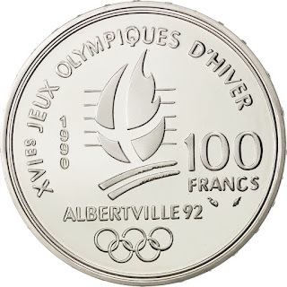 Coins of France 100 Francs Silver Coin 1990 Bobsleigh 1992 Albertville Olympic Winter Games