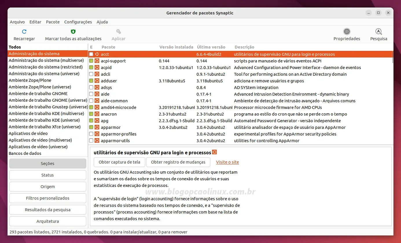 O gerenciador de pacotes e repositórios Synaptic executando no Ubuntu 22.04 LTS (Jammy Jellyfish)