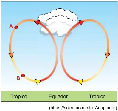 SANTA CASA 2021: Existe uma circulação vertical do ar na atmosfera terrestre. Em uma das células de circulação, o ar sobe na região do equador e desce nas regiões dos trópicos, como mostra a figura.