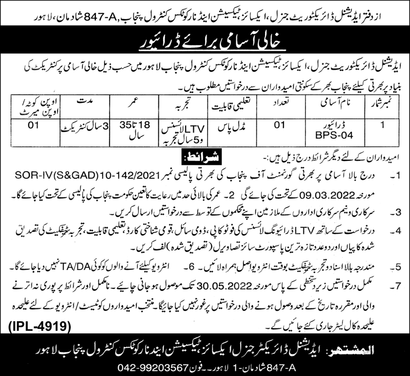 Latest Excise Taxation & Narcotics Control Department Driving Posts Lahore 2022