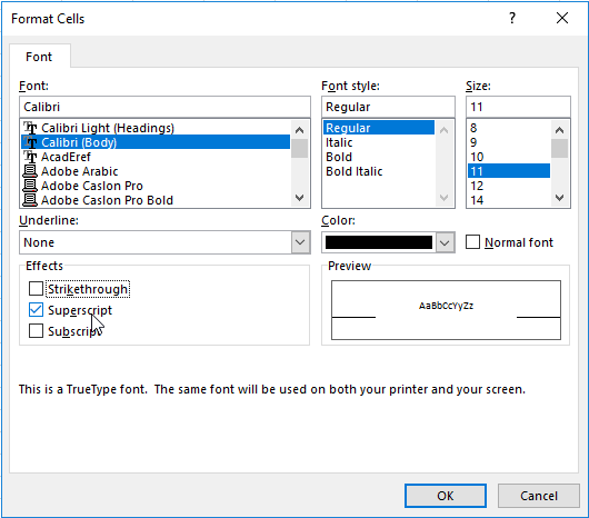 Format Cell Font Superscript