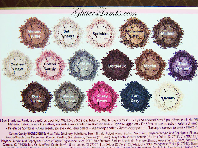 Too Faced "Chocolate Bon Bons Palette" Swatches by Glitter Lambs www.GlitterLambs.com Makeup Eyeshadow Review Almond Truffle, Satin Sheets, Sprinkles, Molasses Chip, Malted, Chashew Chew, Cotton Candy, Cafe au lait, Bordeaux, Mocha, Black Currant, Dark Truffle, Pecan Praline, Totally Fetch, Earl Grey, Divinity
