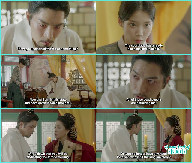  as hae soo hands shivering king yoo ask if hae soo put poison in the tea mean while queen yoo came and ask king yoo to abdicate the throne to Prince JUng- Moon Lovers Scarlet Heart Ryeo - Episode 17 (Eng Sub)