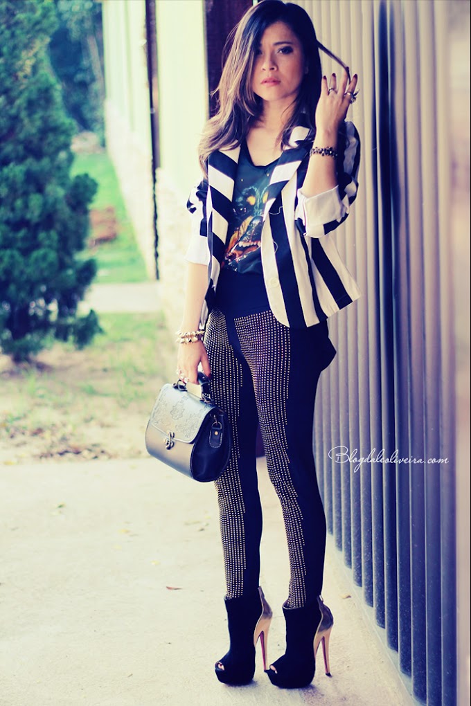 No look stripes blazer, t-shirt e legging