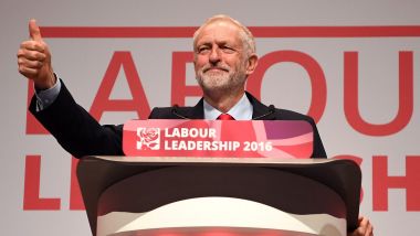 Jeremy Corbyn MP gives the thumbs up to supporters