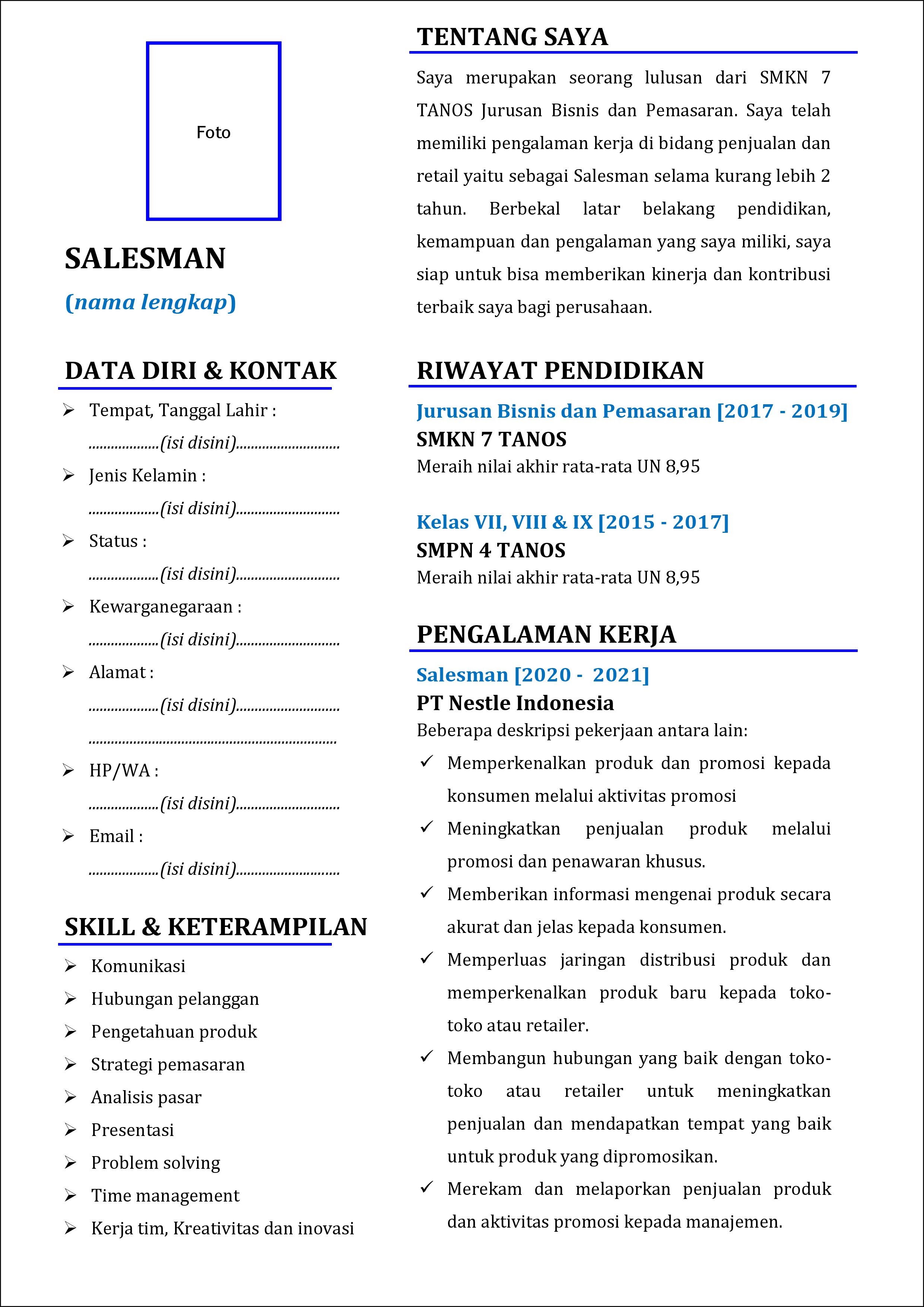 contoh 1 daftar riwayat hidup Salesman yang punya pengalaman kerja (experience)