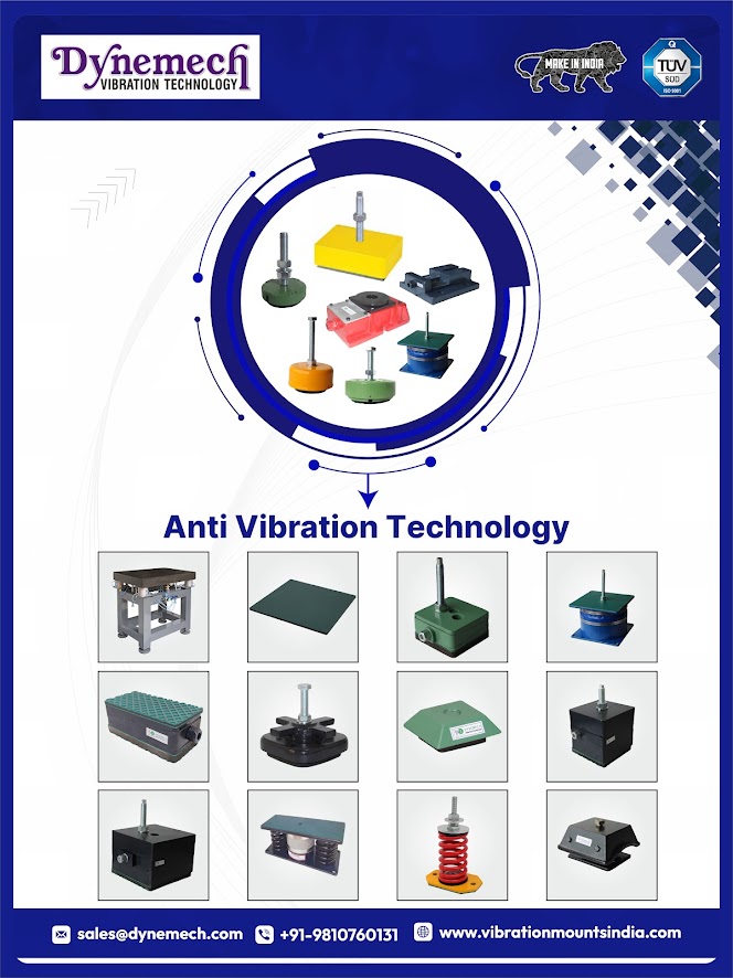 Image showcasing various anti-vibration products from Dynemech, including mounts, isolators, platforms, and pads designed for industrial vibration control and machine stability, with branding and contact information displayed.