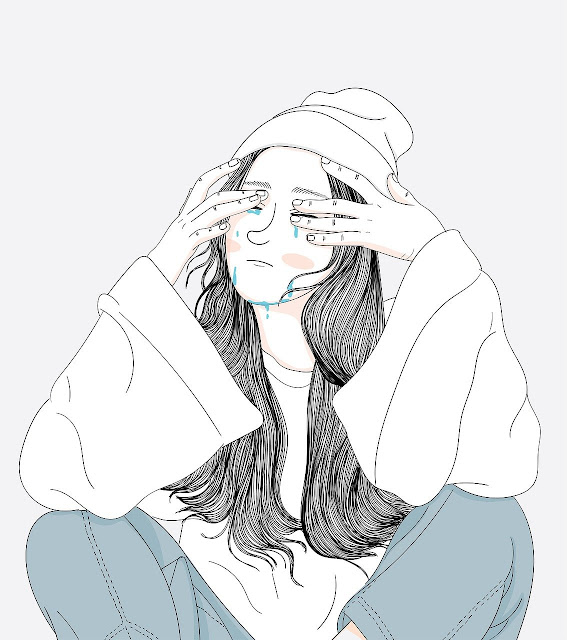 illustration of a young girl crying with open hair and hoodie