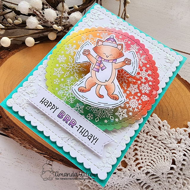 Happy Brr-thday Card by Amanda Wilcox | Snow Angel Newton Stamp Set, Snowfall Roundabout,Snowfall Stencil and Frames & Flags and Banner Trio Die Set by Newton's Nook Designs #newtonsnook #handmade