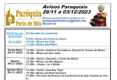 Avisos Paroquiais - 26/11 a 3/12/2023