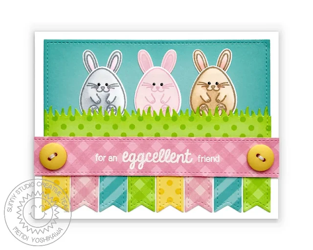 Sunny Studio Bunny Easter Egg Card (using Eggs To Dye For, Background Basics Stamps, Slimline Pennants Dies & Frilly Frames Retro Petals Dies)