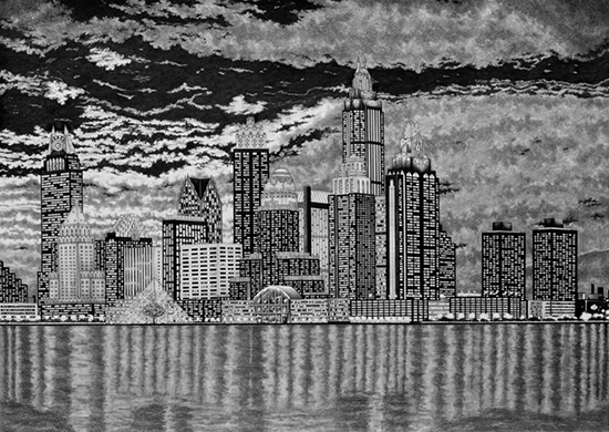 drawing Rik Smits Delta City skyline by night