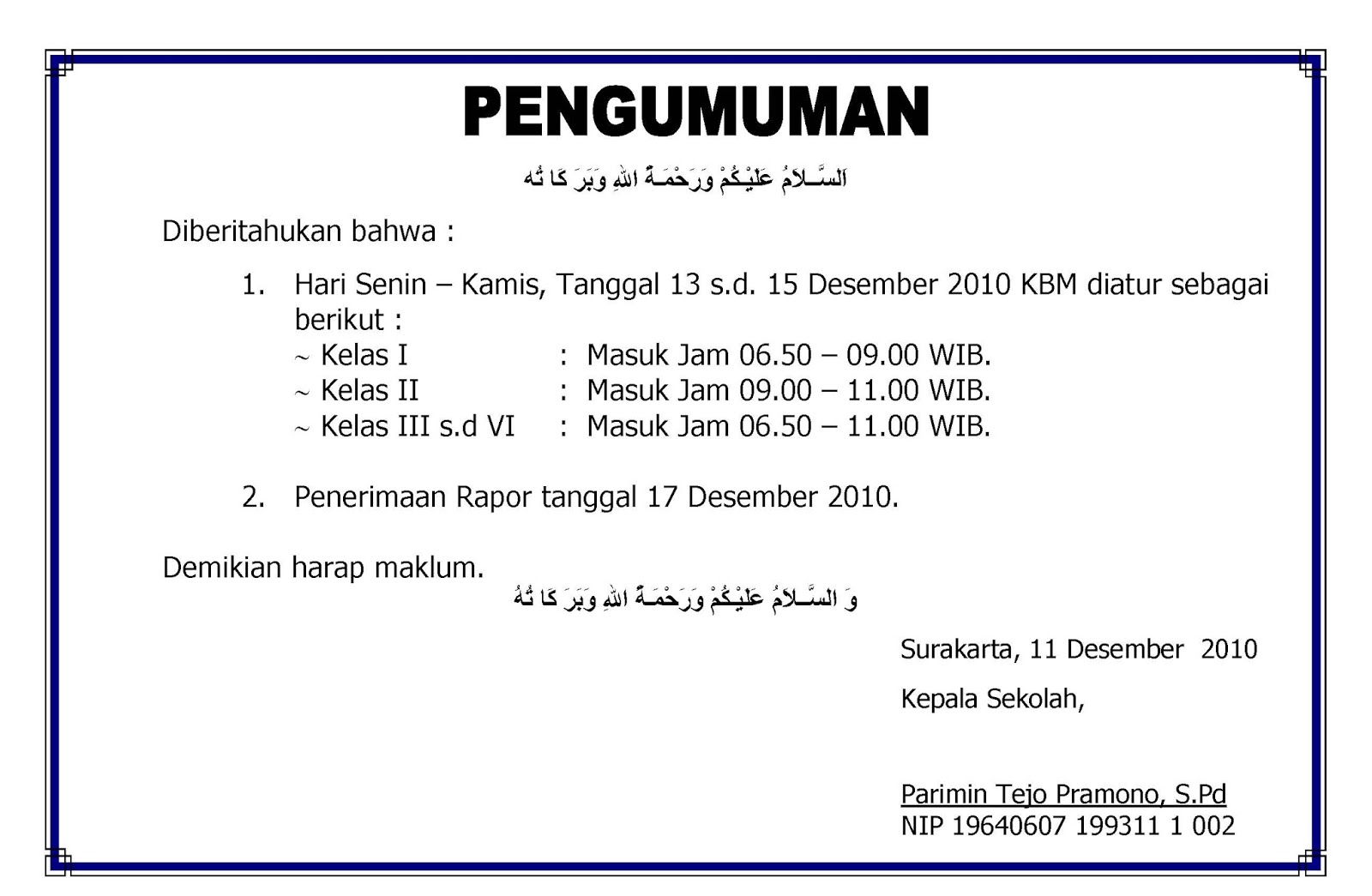 Contoh Pengumuman Dalam Bahasa Inggris