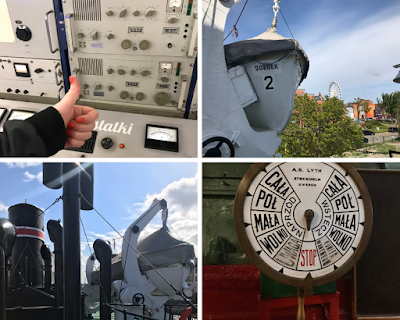 collage of 4 photos from the gdansk maritime museum: me giving a thumbs up in front of some buttons, 2 images from the deck of the Soldek, stop wheel