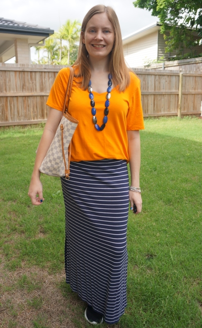 orange tee with navy stripe maxi skirt statement necklace LV neverfull tote damier azur | away from the blue