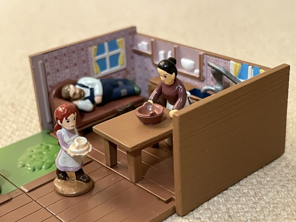 Miniature Little Anime Series World Masterpiece Theater diorama scene showing Matthew Cuthbert, Marilla Cuthbert, and Anne Shirley from Anne of Green Gables