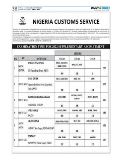 Nigeria Customs Service released supplementary recruitment list: EXAMINATION TIME FOR CUSTOM 2022 SUPPLEMENTARY RECRUITMENTS