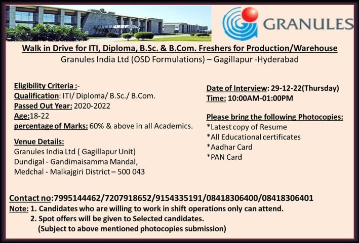 Job Availables, Granules Walk In Interview for ITI, Diploma, BSc & BCom Freshers for Production/Warehouse