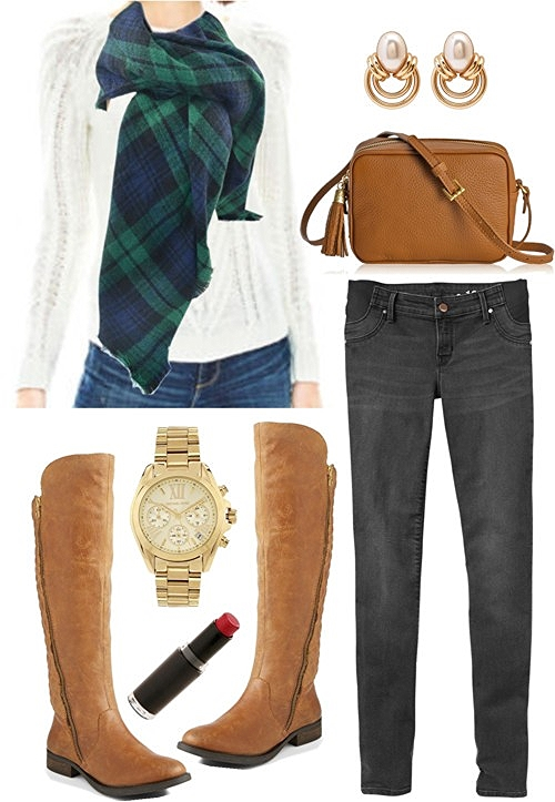 green plaid zara blanket scarf outfit idea