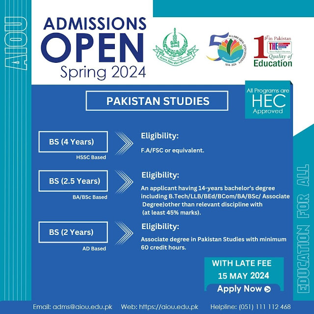 Discover the rich heritage of Pakistan! Apply now for BS Pakistan Studies at Allama Iqbal Open University, Spring 2024 admission open! #AIOU #PakistanStudies #Spring2024