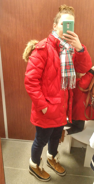Land's End down coat, red winter coat, faux fur red coat, thrifted down coat, sleeping bag coat
