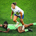 England's Lauren James apologizes to Nigeria's Michelle Alozie for stamping incident in women's World Cup round of 16 match.