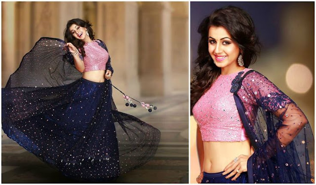 Nikki Galrani in Bright Navy Blue Mirror Work Net Lehenga