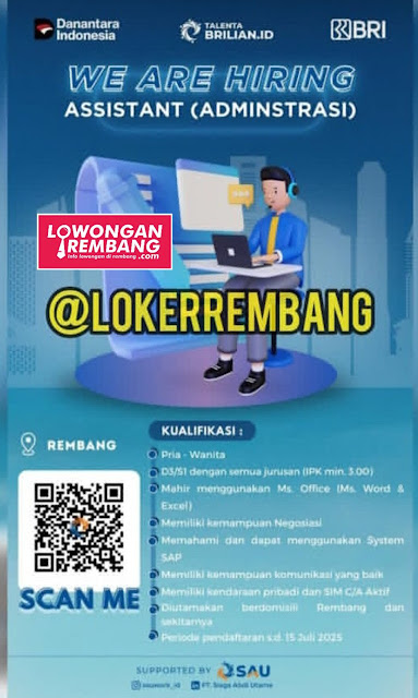 Lowongan Kerja Pegawai Assistant Administrasi Bank BRI PT Siaga Abdi Utama Rembang