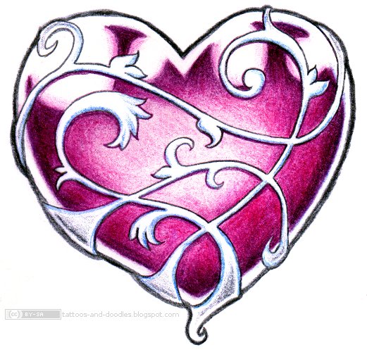 pink heart tattoo. Pink heart and swirls tat