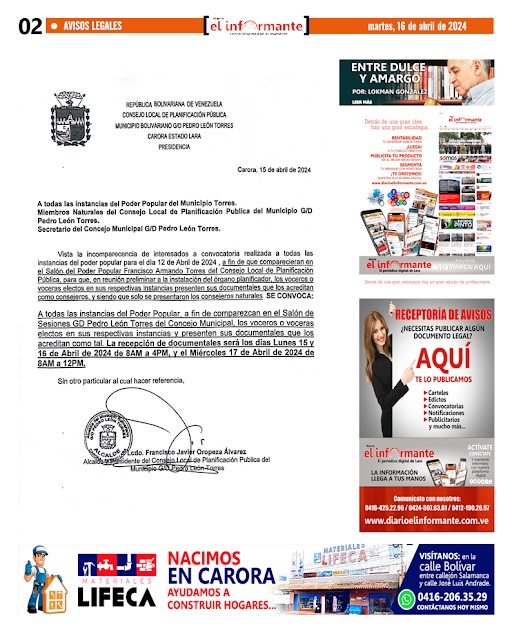 A QUIEN PUEDA INTERESAR: MIEMBROS DEL CONSEJO LOCAL DE PLANIFICACIÓN PUBLICA DEL MUNICIPIO G/D PEDRO LEÓN TORRES