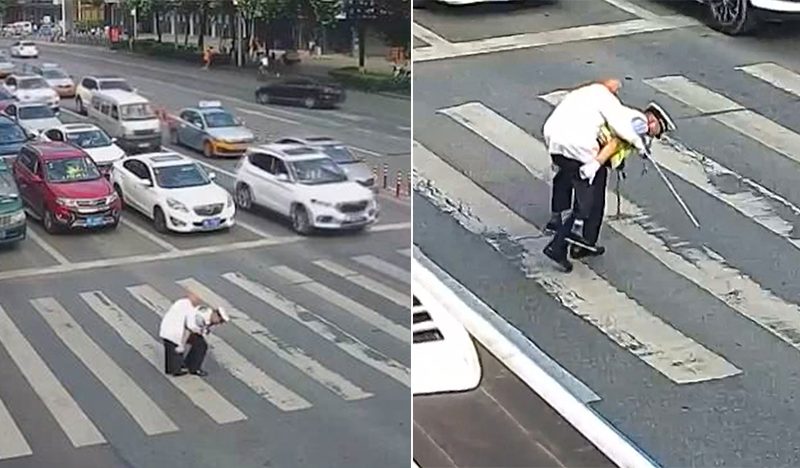 Heart-Melting Video Depicts Traffic Cop Giving An Old Man A Piggyback Ride Across A Busy Intersection