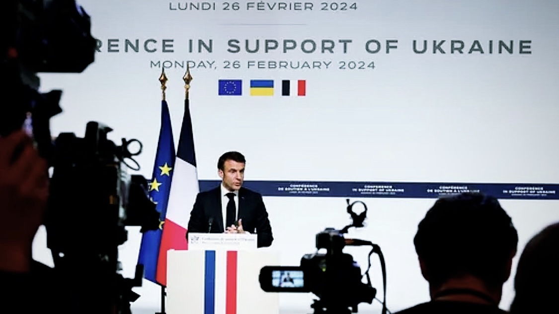 French President Emmanuel Macron speaks during a press conference at the Elysee Palace in Paris. (Gonzalo Fuentes/Pool via AP)