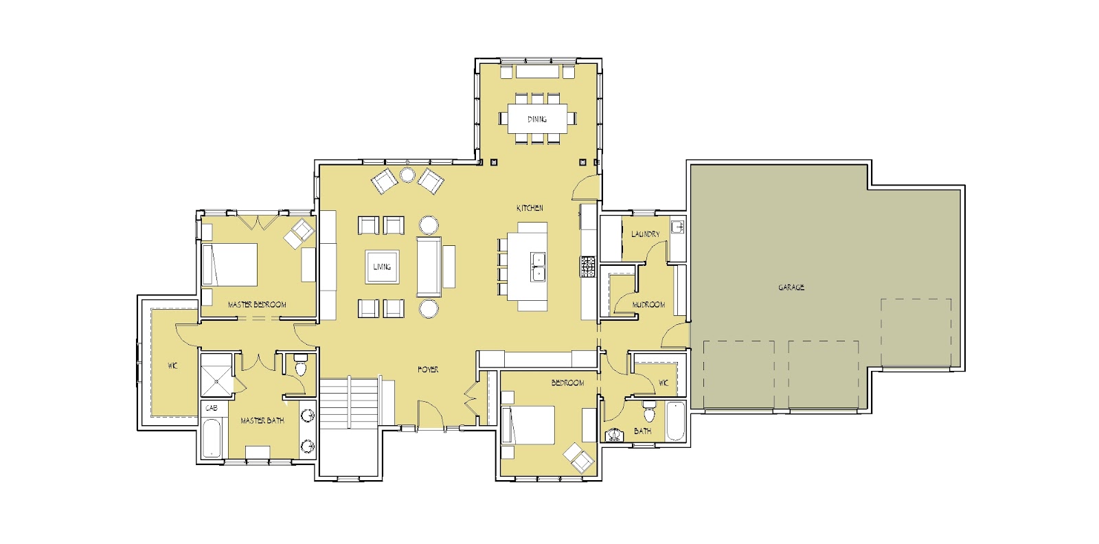 open floor plan with vaulted ceiling and main floor master bedroom suite