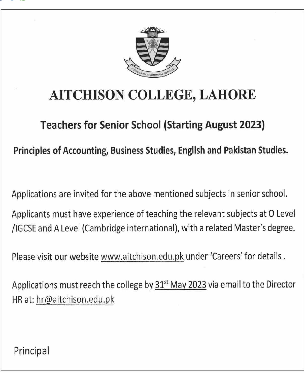 Aitchison College Teaching  jobs in Lahore 2023