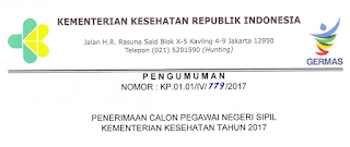 Penerimaan CPNS Kementerian Kesehatan Tahun 2017 [1000 Formasi]