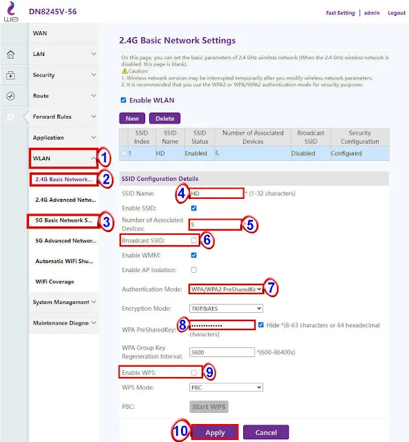 كيف يمكنني اخفاء شبكة WiFi في راوتر وي DN8245V-56