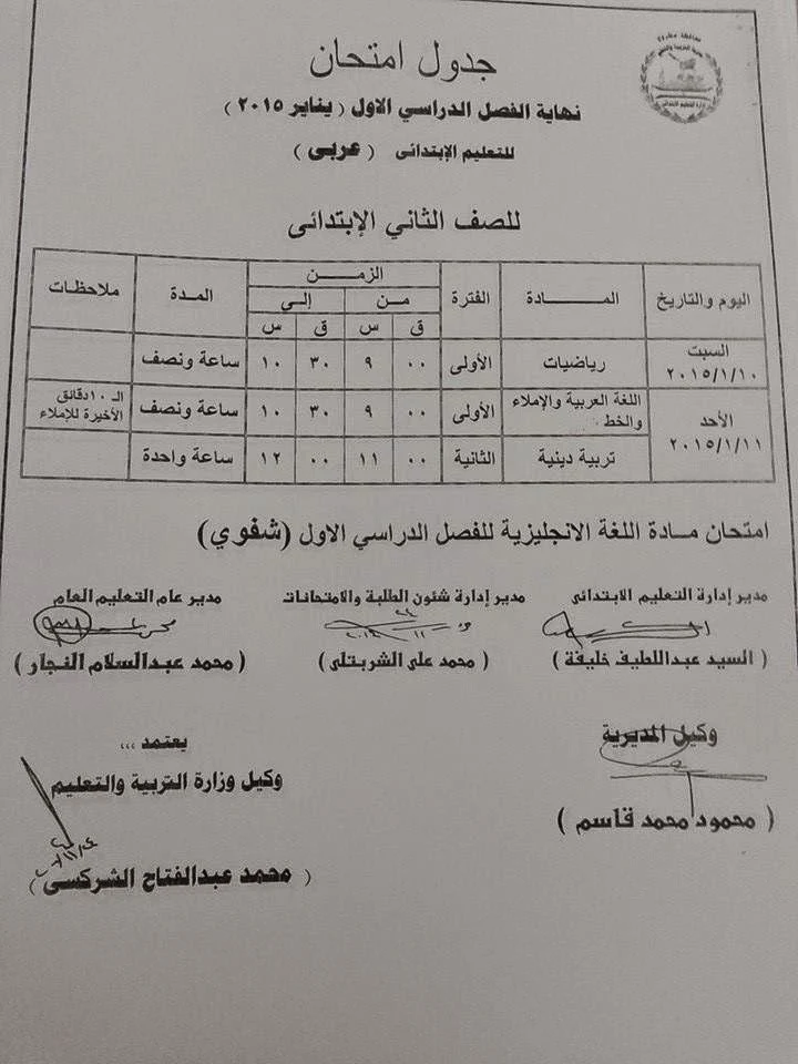 جدول امتحان الشهادة الابتدائيه الترم الاول 2015 محافظة مطروح - الشهادة الابتدائيه