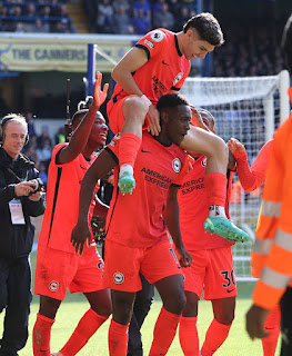 Brighton and Hove Albion players celebrate 2-1 victory over Chelsea in tje Premier League match at Stamford Bridge on Saturday 15 April, 2023