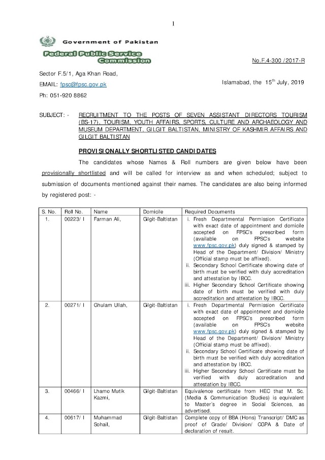 FPSC announced written test result and provisionally Shortlisted and will be called for interview of 07 post of Assistant Director tourism (BS-17) .