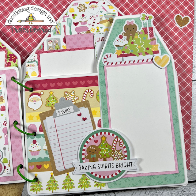 Christmas House Shaped Scrapbook Album page with trees, Santa, and treats