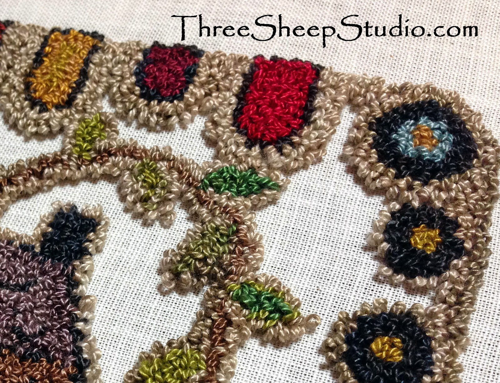 Punchneedle design using Valdani variegated Perle Cotton Thread - ThreeSheepStudio.com