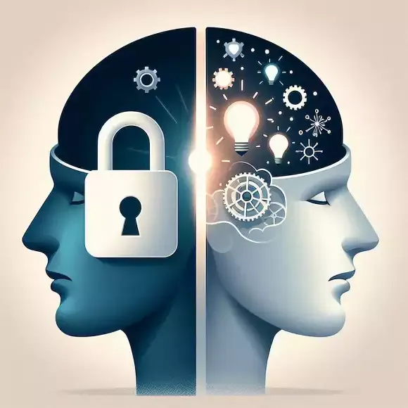 Ilustração comparando uma mente aberta e uma mente fechada, destacando as diferenças na forma de pensar e absorver novas ideias