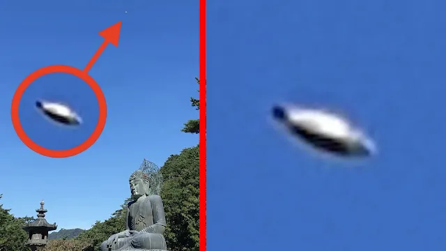 This is the best UFO sighting over South Korea flying over Buddha statue.