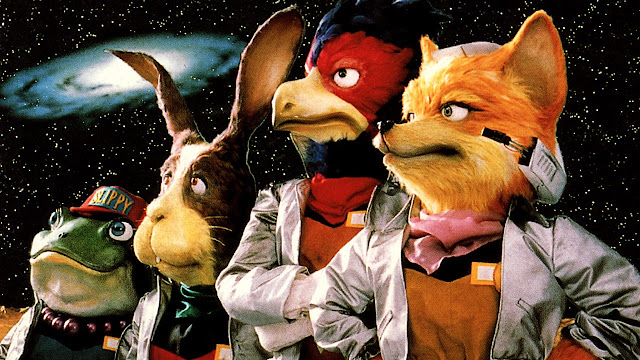 Arte de Star Fox para SNES com os personagens principais: Fox McCloud, Falco Lombardi, Peppy Hare e Slippy Toad.
